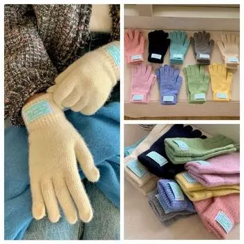 Однотонные вязаные перчатки конфетного цвета с буквенным принтом женские варежки милые зимние бархатные перчатки для улицы жёлтый