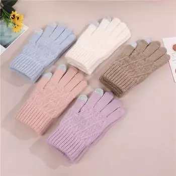 Однотонные вязаные шерстяные перчатки зимние теплые плюс бархатные холодостойкие велосипедные перчатки с раздвоенными пальцами на пять пальцев женские студенческие новые без пальцев One size