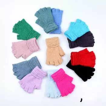 Однотонные вязаные теплые перчатки с полупальцами для учеников начальной школы в возрасте от 3 до 7 лет, чтобы писать открытыми пальцами для защиты от холода One Size