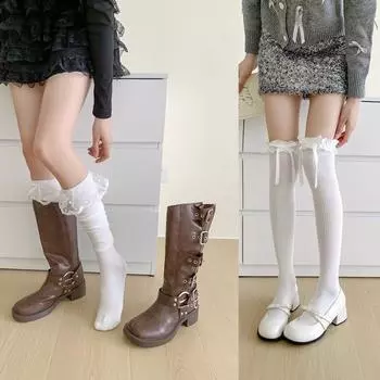 Однотонные высокие кружевные милые чулки в стиле Лолиты, толстые теплые черные белые длинные носки для женщин A11