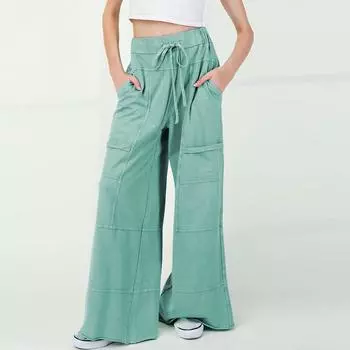 Однотонные выстиранные повседневные брюки с несколькими карманами, свободные прямые брюки для женщин L зелёный