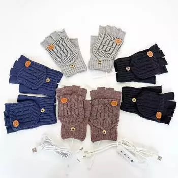 Однотонные жаккардовые качественные USB электрические нагревательные флип-перчатки с полупальцами вязаные теплые перчатки с открытыми пальцами и функциональные перчатки average size