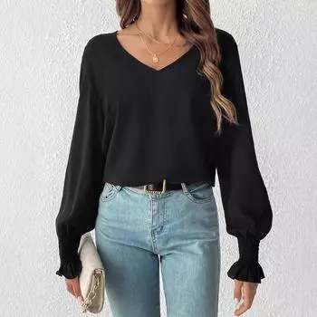 Однотонные женские блузки с V-образным вырезом, расклешенный топ с длинными рукавами, рубашка S чёрный