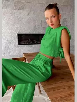 Однотонные женские брючные костюмы со шнуровкой, топ без рукавов с круглым вырезом, широкие брюки с карманами, летние женские комплекты L коричневый