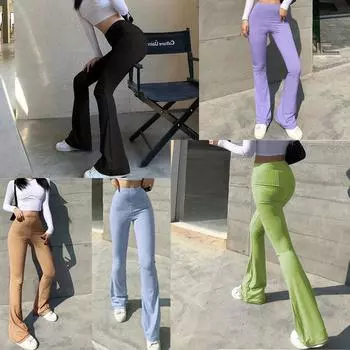 Однотонные женские брюки Y2k, эстетичная модная уличная одежда для девочек, женская одежда, тонкие сексуальные расклешенные колготки с высокой талией S коричневый