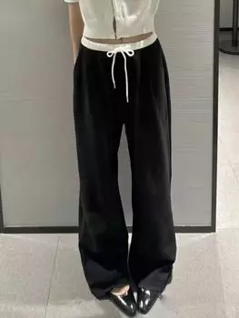 Однотонные женские черные брюки с высокой талией, однотонные широкие брюки с эластичной резинкой на талии, женские модные повседневные свободные брюки на шнуровке, уличная одежда S чёрный