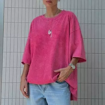 Однотонные женские футболки Свободные повседневные футболки Футболки с коротким рукавом Футболки с принтом тай-дай для девочек Футболки Y2K Круглые воротники Большие размеры Уличная одежда Модные футболки S чёрный