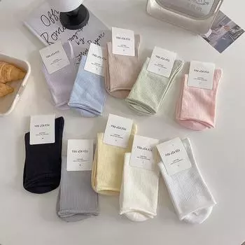 Однотонные женские носки, хлопковые тонкие дышащие эластичные длинные носки, школьные носки в японском стиле для девочек, черные, белые, серые, средние носки-трубы чёрный