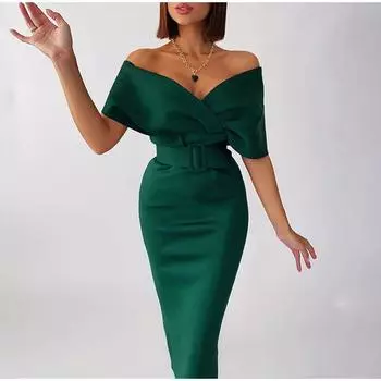 Однотонные женские платья с открытыми плечами с v-образным вырезом и поясом, женское вечернее платье, сексуальное осеннее новое модное элегантное платье с высокой талией S белый