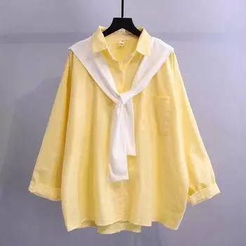 Однотонные женские рубашки с длинными рукавами, свободные повседневные топы из двух частей для девочек, осенние однобортные женские блузки с отложным воротником L оранжевый