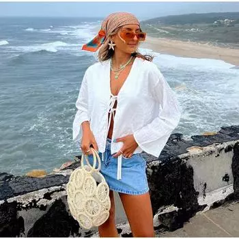 Однотонные женские рубашки со шнуровкой и бантом, весенние блузки с вырезами, универсальные женские топы с V-образным вырезом и длинными рукавами S белый