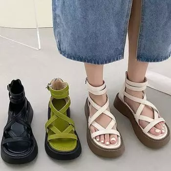 Однотонные женские сандалии 2024 года, новые летние римские сандалии с толстой подошвой, женские черные сандалии с застежкой-молнией и круглым носком, с открытым носком, женские сандалии 35