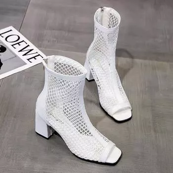 Однотонные женские тапочки на среднем каблуке, горячая распродажа 2024 года, летняя модная женская обувь, квадратный каблук, сетчатые резиновые женские тапочки 35 белый