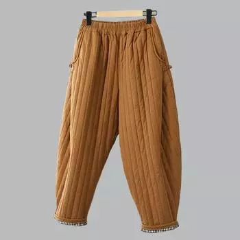 Однотонные зимние сэндвич-хлопковые женские теплые брюки с эластичным поясом и дисковыми пуговицами, повседневные брюки One size