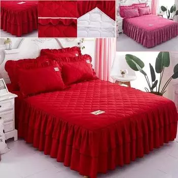 Однотонный эластичный утолщенный бархатный двухъярусный защитный чехол для матраса, постельное белье, нескользящая дышащая королевская юбка, индивидуальная наволочка 3PCS 150x200cm