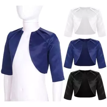 Однотонный атласный кардиган для девочек, элегантное праздничное болеро с рукавами 3/4, верхняя одежда с шалью для вечера, выпускного вечера, свадьбы, дня рождения 3-4 Years чёрный