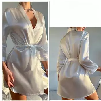 Однотонный атласный ночной халат с длинным рукавом и V-образным вырезом, с поясом, женская одежда для сна S белый