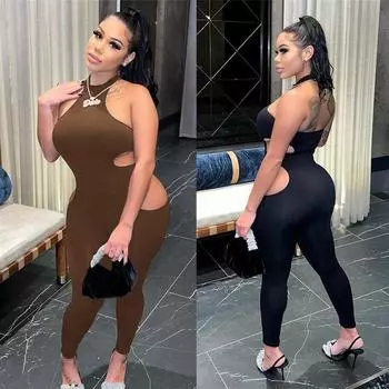 Однотонный ажурный комбинезон, женский летний новый сексуальный комбинезон с лямкой на шее, без рукавов, с открытой спиной, корректирующий фигуру, цельный полый комбинезон S чёрный