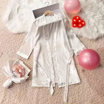 Однотонный базовый свободный короткий халат для женщин, дышащая пижама с длинным рукавом и v-образным вырезом на шнурке, легкий, мягкий, удобный сексуальный халат S белый