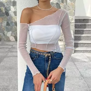 Однотонный блестящий сетчатый ажурный косой плечевой нерегулярный воротник сексуальный женский укороченный топ S чёрный