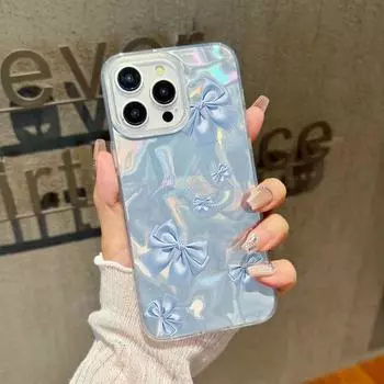 Однотонный блестящий тонкий чехол для телефона с бантом для iPhone 16 Pro Max 15 Pro 14 13 12 11, роскошный противоударный гибридный чехол-бампер из ТПУ и ПК iPhone 16 синий