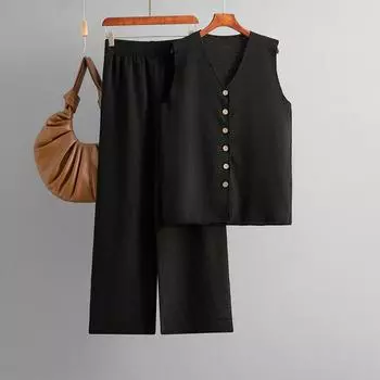 Однотонный Большого размера Свободный Модный Комплект Повседневные Широкие Брюки Комплект из двух предметов для женщин One Size чёрный