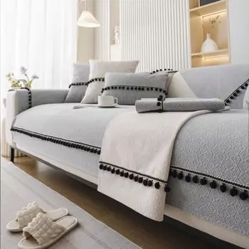 Однотонный чехол для дивана с кисточками из синели, чехол для дивана в виде шара для гостиной, жаккардовый чехол для дивана с геометрическим узором, мягкий толстый коврик для дивана, декор 70x70cm 1pcs