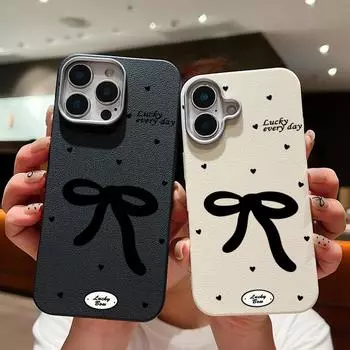 Однотонный чехол из кожи с бантом и текстурой для iPhone 16 Pro 15 14 Plus 13 12 Pro Max 11, противоударный мягкий тонкий матовый чехол из ТПУ iPhone 16 чёрный