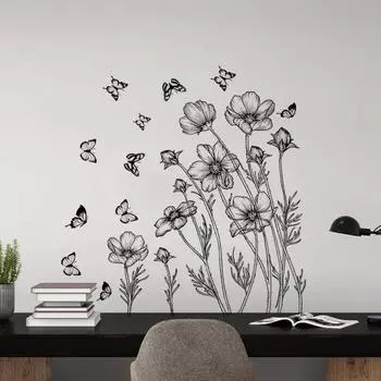 Однотонный цветочный настенный стикер с изображением растений и бабочек для гостиной, спальни, фоновая настенная декоративная наклейка 45*60 см