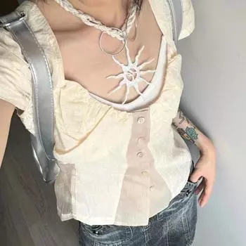 Однотонный дизайн на пуговицах, женский кардиган с короткими рукавами, корейская лоскутная женская футболка, летний тонкий универсальный топ S бежевый