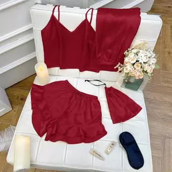 Однотонный дышащий сексуальный пижамный комплект для женщин, шорты, штаны, комплект из 3 предметов, летняя повседневная простая легкая мягкая пижама с оборками S