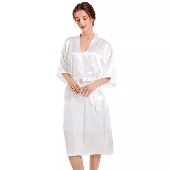 Однотонный глянцевый пижамный халат для женщин на весну и осень, кардиган средней длины, утреннее платье подружки невесты M белый