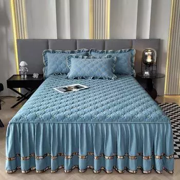 Однотонный хлопковый комплект постельного белья в стиле юбки, домашний роскошный комплект простыней в клетку с наволочками для двуспальной кровати 3 Pcs 150x200cm