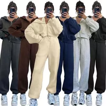 Однотонный кардиган с капюшоном, женский модный повседневный спортивный комплект из двух частей S чёрный