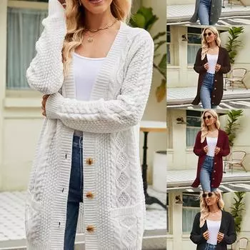 Однотонный кардиган с карманами на пуговицах, длинный свитер в стиле ленивой моды, витой осенне-зимний однотонный вязаный кардиган с V-образным вырезом, женский вязаный свитер S белый