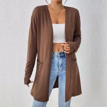 Однотонный кардиган с открытой передней частью и двойными карманами, элегантный кардиган с длинным рукавом длиной до колена для осени L коричневый