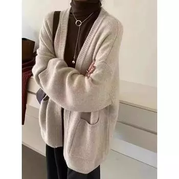 Однотонный кардиган с V-образным вырезом для женщин, длинный утолщенный кардиган с V-образным вырезом на осень и зиму, ленивое мягкое свободное теплое пальто One Size серый