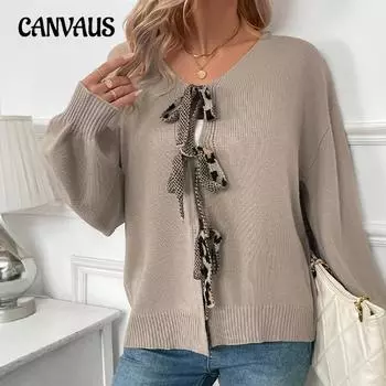 Однотонный кардиган с завязками, свитер Fall Back Love V-образный вырез, женский кардиган S серый/абрикосовый