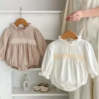 Однотонный комбинезон для девочек на осень с длинными рукавами, детский комбинезон для новорожденных с милым кружевным краем, bafanou 22380 66cm(3-6M) хаки