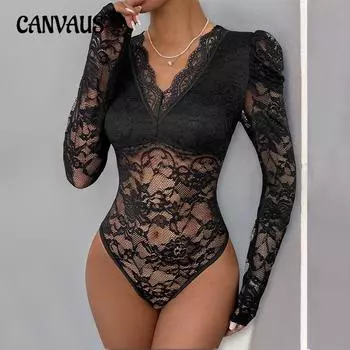 Однотонный комбинезон с длинным рукавом, сексуальное кружевное лоскутное женское боди S чёрный