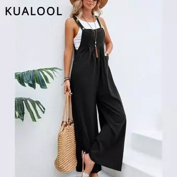 Однотонный комбинезон-спагетти с широкими штанинами, повседневный универсальный комбинезон без рукавов, женская одежда