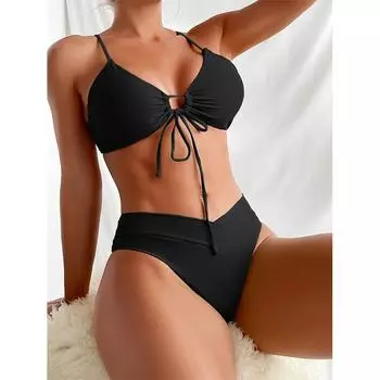 Однотонный комплект бикини, купальник с высокой талией, женский купальник с эффектом пуш-ап, купальный костюм, женский купальный костюм из двух предметов S чёрный