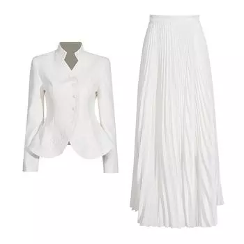 Однотонный комплект из двух предметов для женщин с воротником-стойкой, длинными рукавами, застегивающимися на пуговицы топами, юбкой с высокой талией, шикарный комплект для женщин, мода XL белый