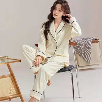 Однотонный комплект из двух предметов пижамы с отворотами из утолщенного кораллового бархата с длинными рукавами для дома, новая зимняя пижама для дома M