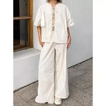 Однотонный комплект из хлопковой рубашки и брюк со шнуровкой и бантом, женский летний повседневный свободный топ с коротким рукавом, прямые брюки, наряды S абрикосовый