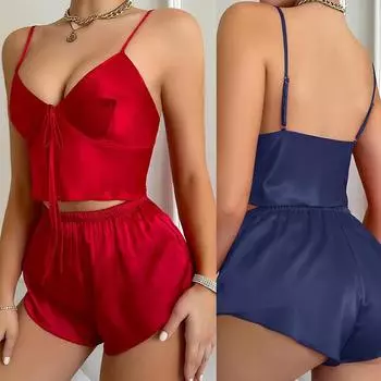 Однотонный короткий сексуальный пижамный комплект для женщин, летний слинг с v-образным вырезом, тонкий топ, эластичные шорты с высокой талией, комплект из двух предметов, легкий, мягкий, удобный, сексуальный домашний комплект S красный