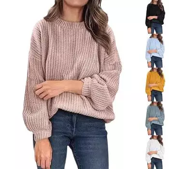 Однотонный круглый вырез с рукавами-трубами, свободный женский вязаный свитер большого размера XXL оранжевый