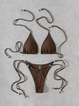 Однотонный купальник бикини с бусинами, халтер, завязки сбоку, сексуальный с разрезом, купальник для женщин XS коричневый