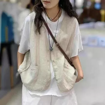 Однотонный льняной жилет с V-образным вырезом в стиле ретро, литературный, универсальный, повседневный, без рукавов, жилет, топ для женщин One size темно-серого