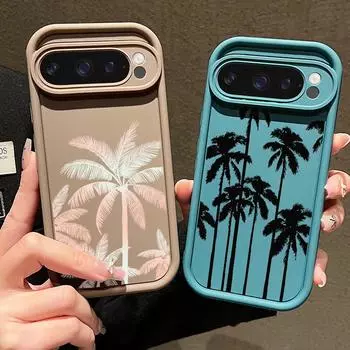 Однотонный матовый чехол для телефона с рисунком кокосовой пальмы для Google Pixel 9 Pro XL 8 Pro 8A, модный мягкий защитный чехол из ТПУ для линз, противоударный чехол-бампер Google Pixel 9 чёрный